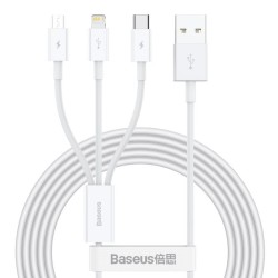 Cablu de Date 3in1 Baseus Superior Fast Charging USB-C, Lightning, MicroUSB 1.5m Alb
