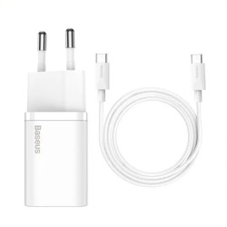 Incarcator Retea Baseus Super Si Quick Charger USB-C 25W cu Cablu USB-C la USB-C 1m, Alb Incarcator Retea Baseus Super Si Quick Charger USB-C 25W cu Cablu USB-C la USB-C 1m, Alb