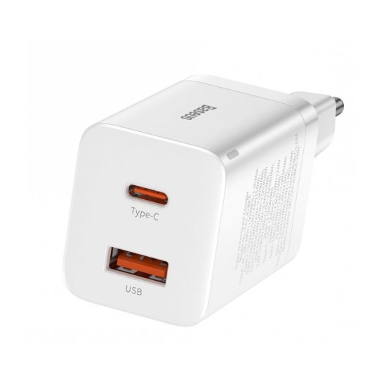 Încărcător de Rețea Baseus Super Si Quick Charger USB + USB-C, 30W, White (Bakr, CCSUPP-E02) by www.silkase.ro