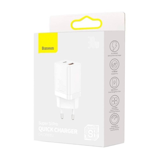 Încărcător de Rețea Baseus Super Si Quick Charger USB + USB-C, 30W, White (Bakr, CCSUPP-E02) by www.silkase.ro