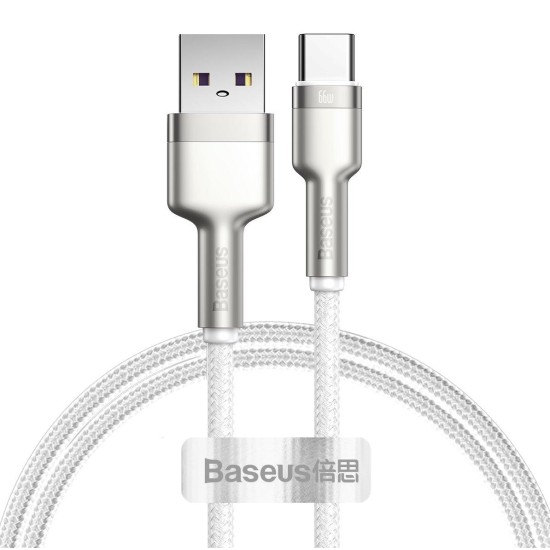 Cablu de Date Baseus Cafule Metal Series USB-A la USB-C, 66W, 1m, White (Bakr, CAKF000102) by www.silkase.ro