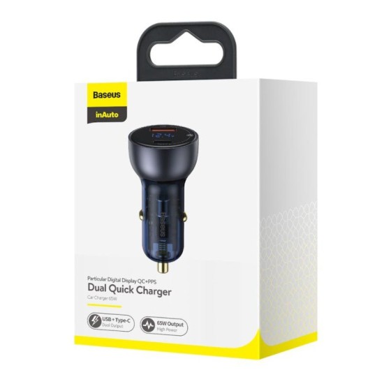 Încărcător Auto Baseus CCKX-C0G Particular, Display Digital, Dual USB, 65W, Gri (Bakr, CCKX-C0G) by www.silkase.ro