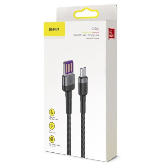Cablu de Date Baseus CATKLF-PG1 Cafule, Quick Charging USB Double Sided la USB-C, 40W, 1m, Gri/Negru (Cabluri Telefon, CATKLF-PG1) by www.silkase.ro