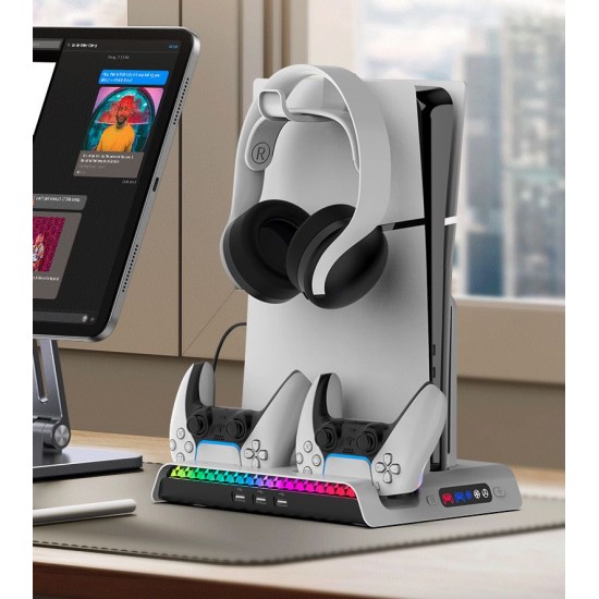 Stand Multifuncțional iPega P5S006 cu Răcire, Încărcare și RGB pentru PS5 Slim, Alb (Bakr, PG-P5S006) by www.silkase.ro
