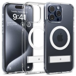 Husa telefon, Spigen, TPU, KickStand, Compatibila MagSafe, Transparent-Alb, pentru iPhone 15 Pro