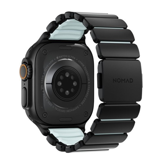 Curea Nomad Stratos Band pentru Apple Watch 45/46/49mm, Titan Negru și FKM, Icy Blue Glow (Ingredi, NM009896858) by www.silkase.ro