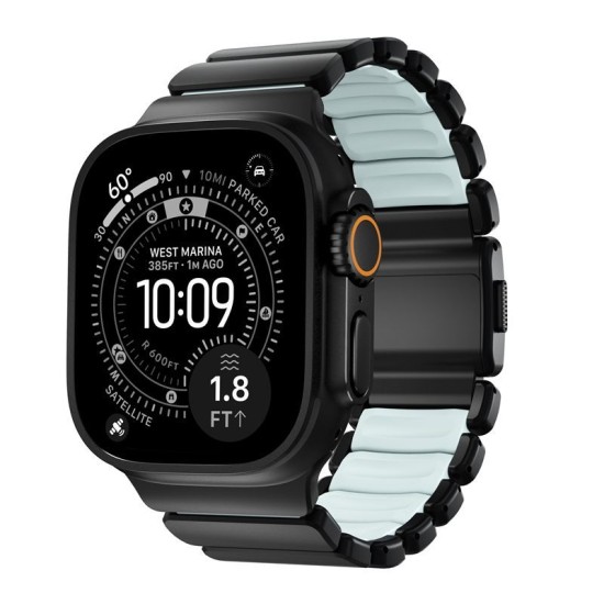 Curea Nomad Stratos Band pentru Apple Watch 45/46/49mm, Titan Negru și FKM, Icy Blue Glow (Ingredi, NM009896858) by www.silkase.ro
