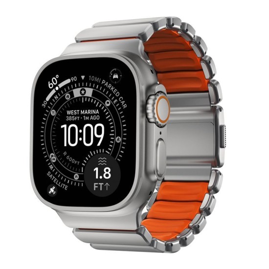 Curea Nomad Stratos pentru Apple Watch 45/46/49mm, Natural Titanium & Ultra Orange FKM Curea Nomad Stratos pentru Apple Watch 45/46/49mm, Natural Titanium & Ultra Orange FKM (Ingredi, NM011123858) by www.silkase.ro