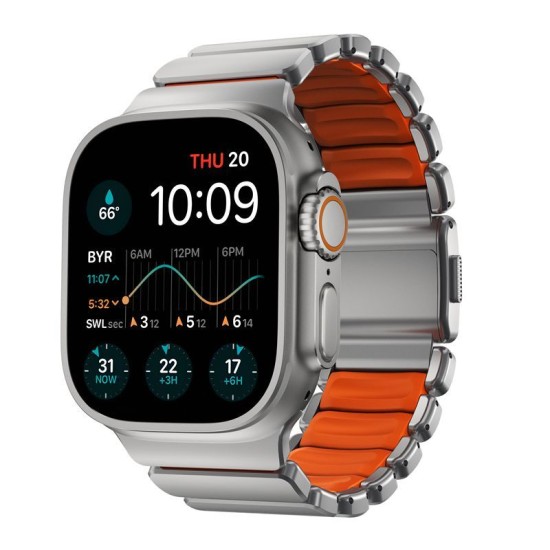 Curea Nomad Stratos pentru Apple Watch 45/46/49mm, Natural Titanium & Ultra Orange FKM Curea Nomad Stratos pentru Apple Watch 45/46/49mm, Natural Titanium & Ultra Orange FKM (Ingredi, NM011123858) by www.silkase.ro