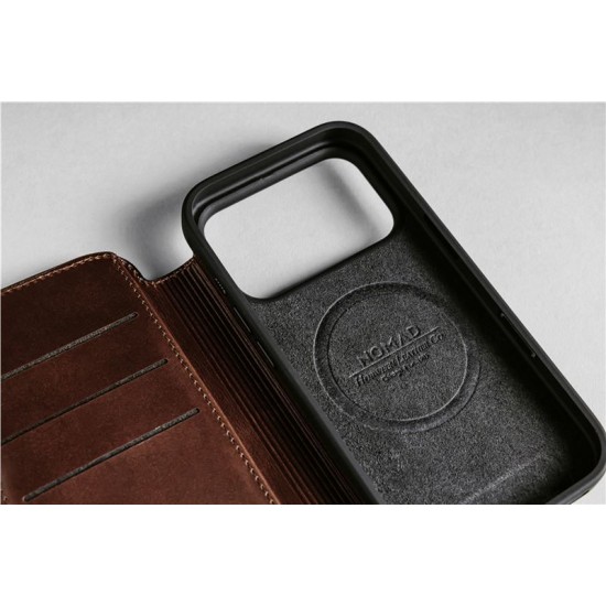 Husa tip carte din piele Horween Nomad Modern Folio pentru iPhone 17 Pro, maro rustic (iPhone 17 Pro, NM014155858) by www.silkase.ro
