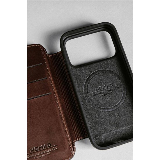Husa tip carte din piele Horween Nomad Modern Folio pentru iPhone 17 Pro, maro rustic (iPhone 17 Pro, NM014155858) by www.silkase.ro