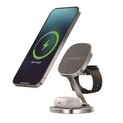Incarcator Wireless 3 in 1 Mobile Origin TravelCharge PRO, Compatibil MagSafe, 15W, Cablu USB-C inclus, Argintiu