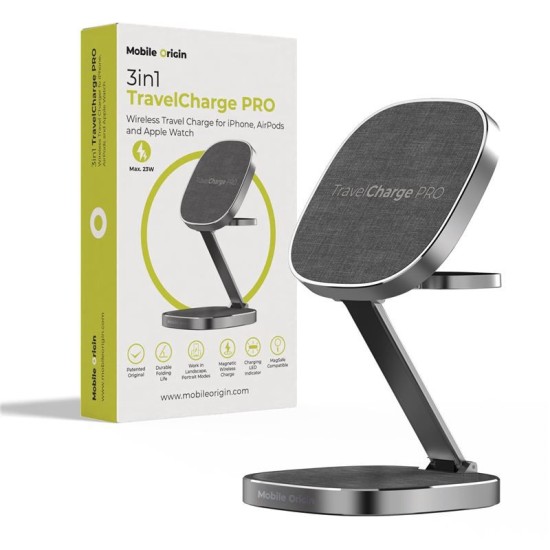 Incarcator Wireless 3 in 1 Mobile Origin TravelCharge PRO, Compatibil MagSafe, 15W, Cablu USB-C inclus, Gri (Incarcatoare, TC31-UC-GRY) by www.silkase.ro