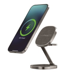Incarcator Wireless 3 in 1 Mobile Origin TravelCharge PRO, Compatibil MagSafe, 15W, Cablu USB-C inclus, Gri