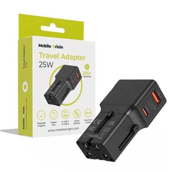 Incarcator retea tip adaptor Mobile Origin Travel, EU/US/UK/AU, 25W, USB/USB-C, Negru (Incarcatoare, TAD25-2P-BLK) by www.silkase.ro