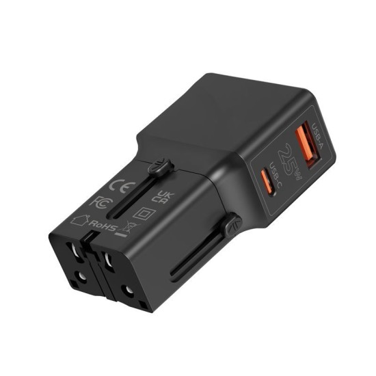 Incarcator retea tip adaptor Mobile Origin Travel, EU/US/UK/AU, 25W, USB/USB-C, Negru (Incarcatoare, TAD25-2P-BLK) by www.silkase.ro