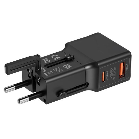 Incarcator retea tip adaptor Mobile Origin Travel, EU/US/UK/AU, 25W, USB/USB-C, Negru (Incarcatoare, TAD25-2P-BLK) by www.silkase.ro
