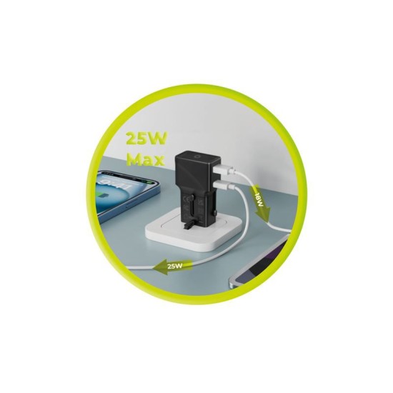 Incarcator retea tip adaptor Mobile Origin Travel, EU/US/UK/AU, 25W, USB/USB-C, Negru (Incarcatoare, TAD25-2P-BLK) by www.silkase.ro