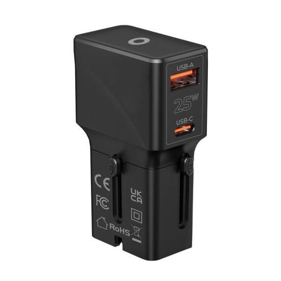 Incarcator retea tip adaptor Mobile Origin Travel, EU/US/UK/AU, 25W, USB/USB-C, Negru (Incarcatoare, TAD25-2P-BLK) by www.silkase.ro