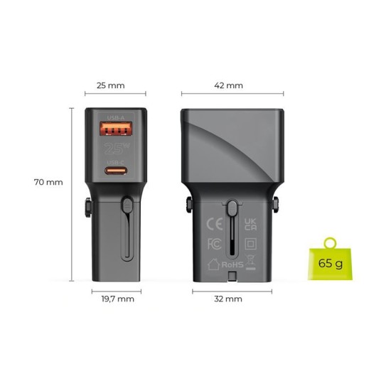 Incarcator retea tip adaptor Mobile Origin Travel, EU/US/UK/AU, 25W, USB/USB-C, Negru (Incarcatoare, TAD25-2P-BLK) by www.silkase.ro