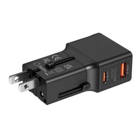 Incarcator retea tip adaptor Mobile Origin Travel, EU/US/UK/AU, 25W, USB/USB-C, Negru (Incarcatoare, TAD25-2P-BLK) by www.silkase.ro
