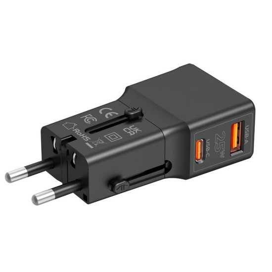 Incarcator retea tip adaptor Mobile Origin Travel, EU/US/UK/AU, 25W, USB/USB-C, Negru (Incarcatoare, TAD25-2P-BLK) by www.silkase.ro