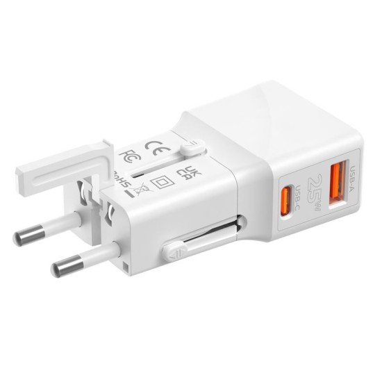 Incarcator retea tip adaptor Mobile Origin Travel, EU/US/UK/AU, 25W, USB/USB-C, Alb (Incarcatoare, TAD25-2P-WHT) by www.silkase.ro