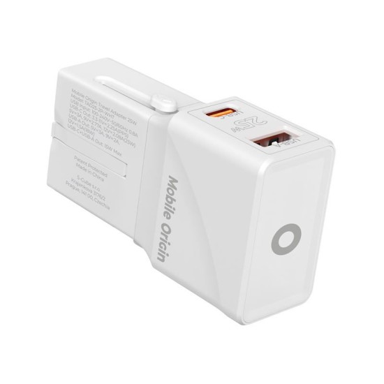 Incarcator retea tip adaptor Mobile Origin Travel, EU/US/UK/AU, 25W, USB/USB-C, Alb (Incarcatoare, TAD25-2P-WHT) by www.silkase.ro