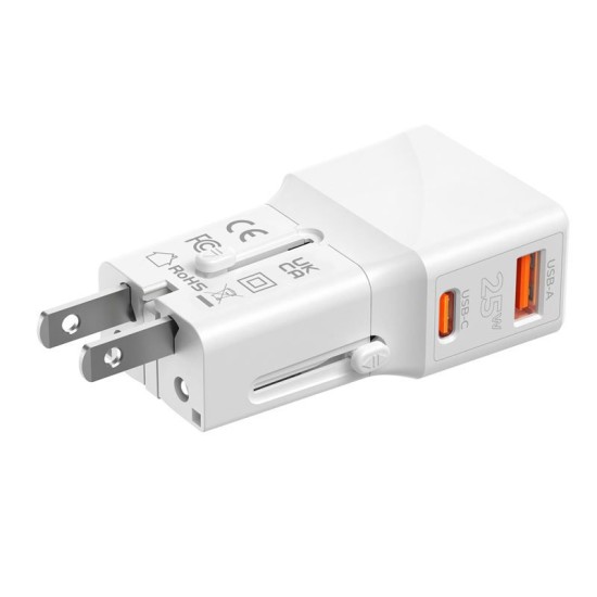 Incarcator retea tip adaptor Mobile Origin Travel, EU/US/UK/AU, 25W, USB/USB-C, Alb (Incarcatoare, TAD25-2P-WHT) by www.silkase.ro