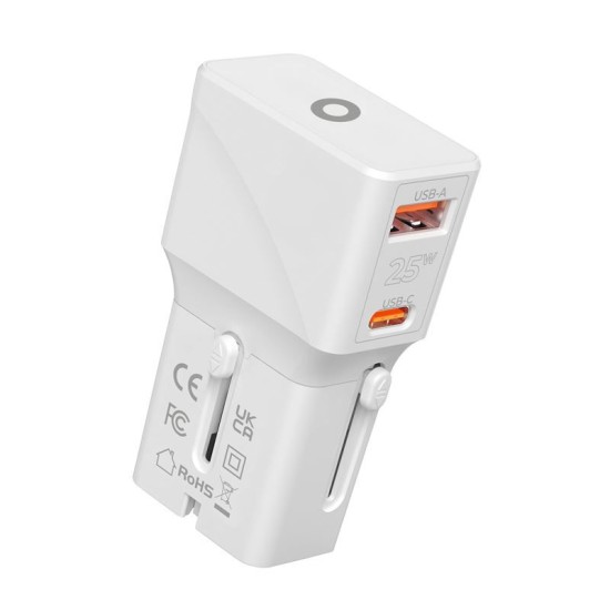 Incarcator retea tip adaptor Mobile Origin Travel, EU/US/UK/AU, 25W, USB/USB-C, Alb (Incarcatoare, TAD25-2P-WHT) by www.silkase.ro