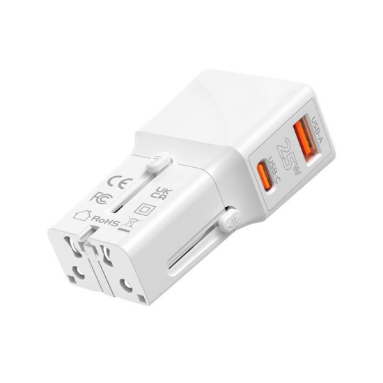 Incarcator retea tip adaptor Mobile Origin Travel, EU/US/UK/AU, 25W, USB/USB-C, Alb (Incarcatoare, TAD25-2P-WHT) by www.silkase.ro