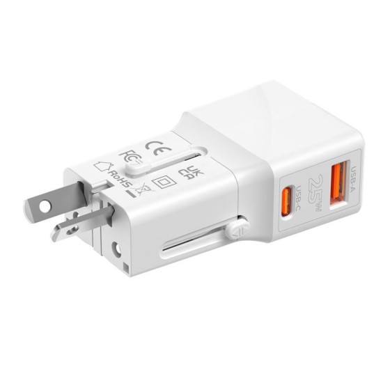 Incarcator retea tip adaptor Mobile Origin Travel, EU/US/UK/AU, 25W, USB/USB-C, Alb (Incarcatoare, TAD25-2P-WHT) by www.silkase.ro