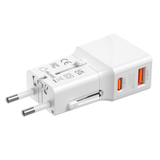 Incarcator retea tip adaptor Mobile Origin Travel, EU/US/UK/AU, 25W, USB/USB-C, Alb (Incarcatoare, TAD25-2P-WHT) by www.silkase.ro