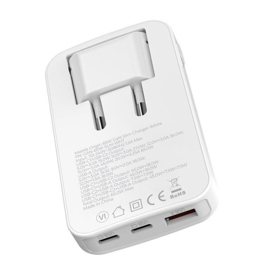 Incarcator retea Mobile Origin GaN 3, USB, 2x USB-C, 65W, Design slim, Alb (Incarcatoare, GAN-65W-SLM-WHT) by www.silkase.ro