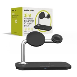 Statie de incarcare 3 in 1 Mobile Origin Magnetic, Compatibila MagSafe, Wireless Charge, 15W, Cablu USB-C inclus, Negru