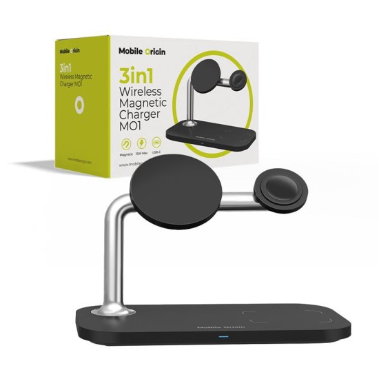 Statie de incarcare 3 in 1 Mobile Origin Magnetic, Compatibila MagSafe, Wireless Charge, 15W, Cablu USB-C inclus, Negru (Mobile Origin, Incarcatoare) by www.silkase.ro Statie de incarcare 3 in 1 Mobile Origin Magnetic, Compatibila MagSafe, Wireless Charge, 15W, Cablu USB-C inclus, Negru (Incarcatoare, FRL-WCH-31-BLK) by www.silkase.ro