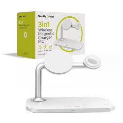 Statie de incarcare 3 in 1 Mobile Origin Magnetic, Compatibila MagSafe, Wireless Charge, 15W, Cablu USB-C inclus, Alb