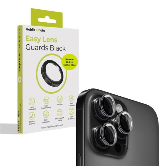 Set 3 protectii sticla camera foto Mobile Origin Easy Lens Guards compatibil cu iPhone 16 Pro / 16 Pro Max Black (Ingredi, FRL-LSG-i16Pro-BLK) by www.silkase.ro