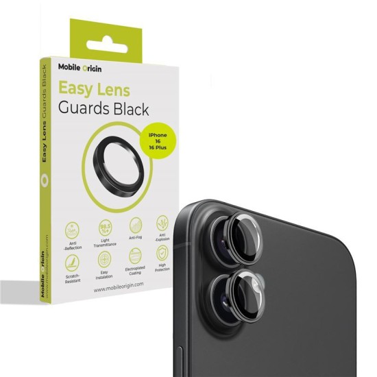 Set 2 protectii sticla camera foto Mobile Origin Easy Lens Guards compatibil cu iPhone 16 / 16 Plus Black (Ingredi, FRL-LSG-i16-BLK) by www.silkase.ro