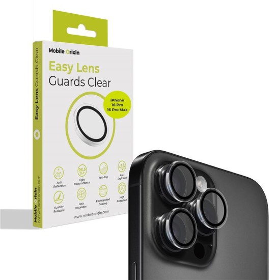 Set 3 protectii sticla camera foto Mobile Origin Easy Lens Guards compatibil cu iPhone 16 Pro / 16 Pro Max Clear (Ingredi, FRL-LSG-i16Pro-CLR) by www.silkase.ro
