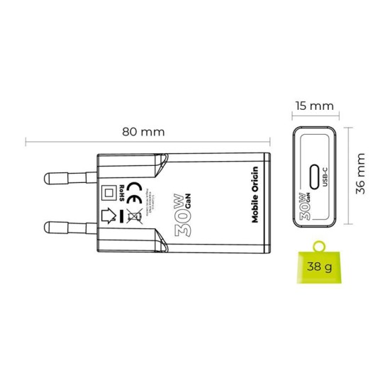 Incarcator retea GaN Mobile Origin Slim MO17, USB-C, 30W, Alb (Incarcatoare, MO-GAN30W-MO17) by www.silkase.ro