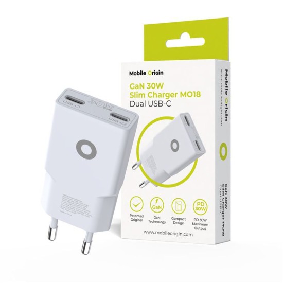Incarcator retea GaN Mobile Origin Slim MO18, 2 x USB-C, 30W, Alb (Mobile Origin, Incarcatoare) by www.silkase.ro Incarcator retea GaN Mobile Origin Slim MO18, 2 x USB-C, 30W, Alb (Incarcatoare, MO-GAN30W-MO18) by www.silkase.ro