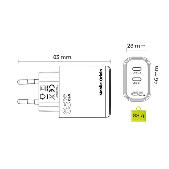 Incarcator de retea Mobile Origin GaN 65W certificat TUV cu 2 porturi USB-C (Mobile Origin, Ingredi) by www.silkase.ro Incarcator de retea Mobile Origin GaN 65W certificat TUV cu 2 porturi USB-C (Incarcatoare, MO-GAN65W-MO19) by www.silkase.ro