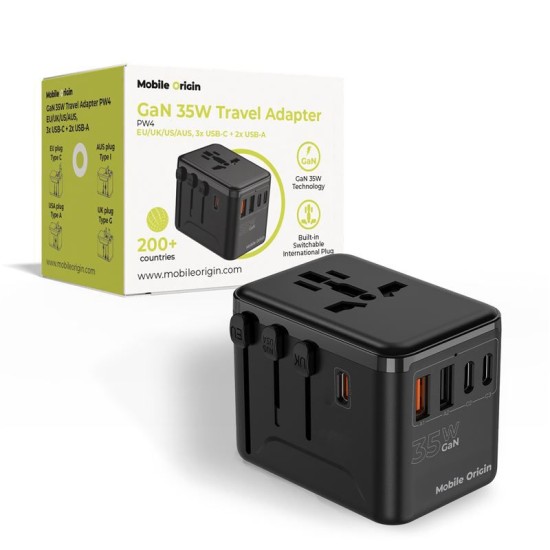 Adaptor de voiaj universal Mobile Origin GaN 35W cu 3x USB-C si 2x USB-A (Incarcatoare, MO-TRA35-PW4) by www.silkase.ro