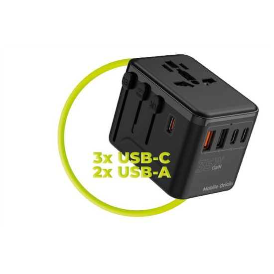 Adaptor de voiaj universal Mobile Origin GaN 35W cu 3x USB-C si 2x USB-A (Incarcatoare, MO-TRA35-PW4) by www.silkase.ro