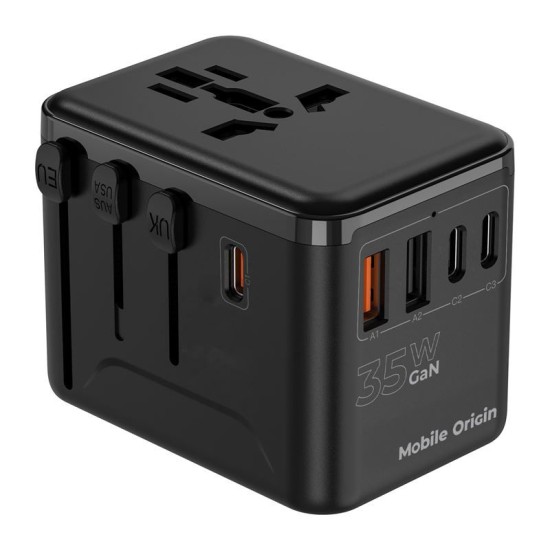Adaptor de voiaj universal Mobile Origin GaN 35W cu 3x USB-C si 2x USB-A (Incarcatoare, MO-TRA35-PW4) by www.silkase.ro