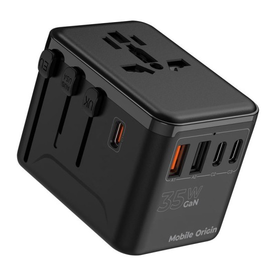 Adaptor de voiaj universal Mobile Origin GaN 35W cu 3x USB-C si 2x USB-A (Incarcatoare, MO-TRA35-PW4) by www.silkase.ro
