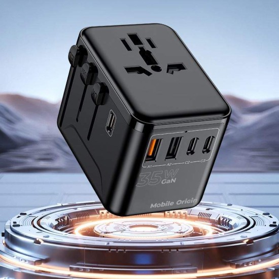 Adaptor de voiaj universal Mobile Origin GaN 35W cu 3x USB-C si 2x USB-A (Incarcatoare, MO-TRA35-PW4) by www.silkase.ro