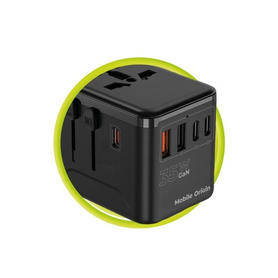 Adaptor de voiaj universal Mobile Origin GaN 35W cu 3x USB-C si 2x USB-A (Incarcatoare, MO-TRA35-PW4) by www.silkase.ro