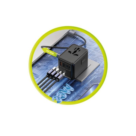 Adaptor de voiaj universal Mobile Origin GaN 35W cu 3x USB-C si 2x USB-A (Incarcatoare, MO-TRA35-PW4) by www.silkase.ro